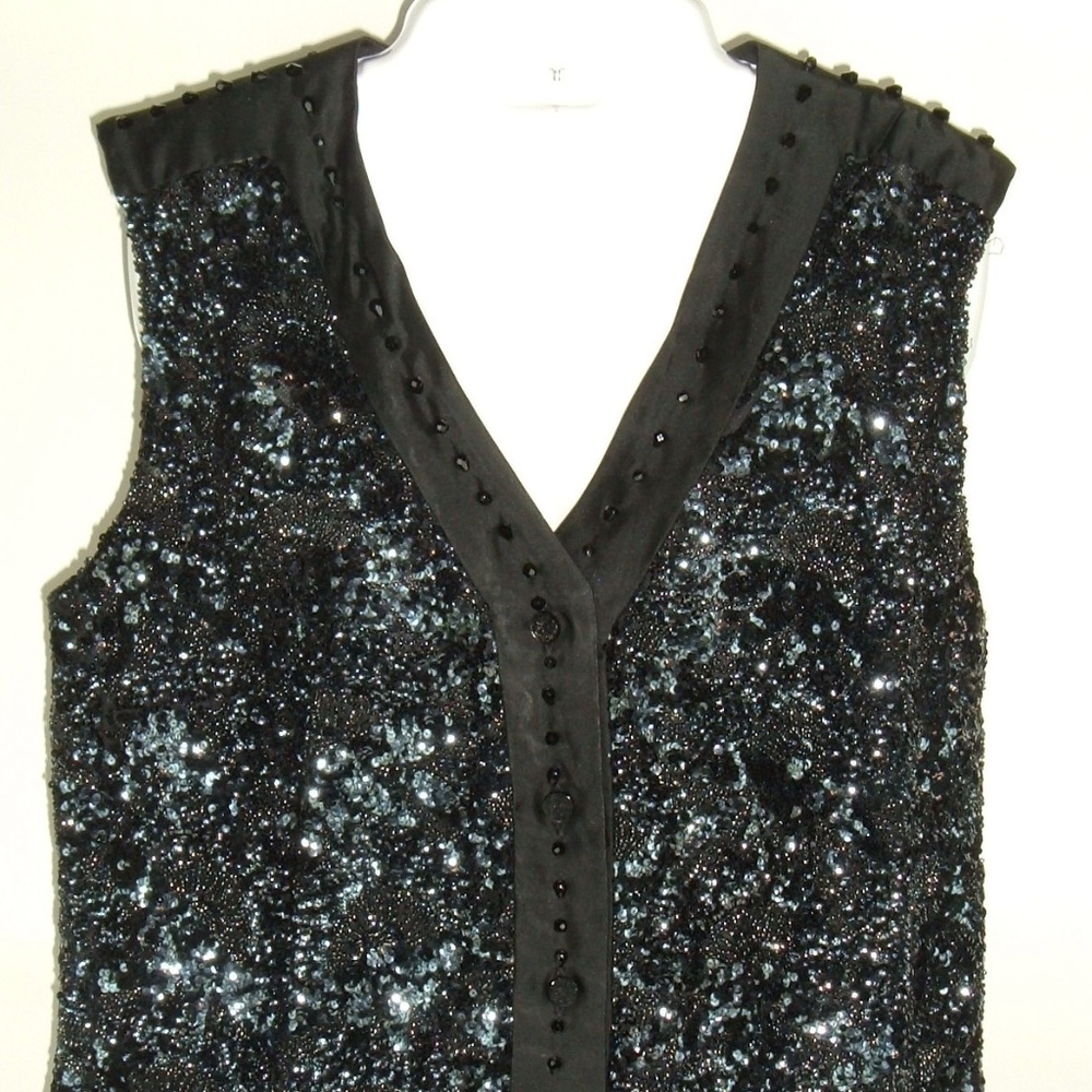 Vtg Beaded Black Vest Sequins Glass Buttons Sz M